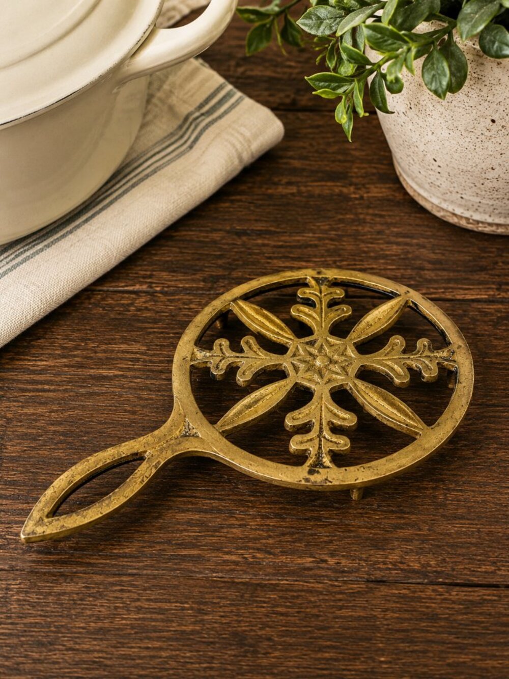 VTG Japan Cast Iron Brass Trivet Snowflake Scandinavian Mid Century Hot Plate